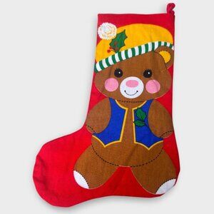 Vintage Handmade Red Christmas Stocking Cute Teddy Bear in Hat 16" Holiday 80s